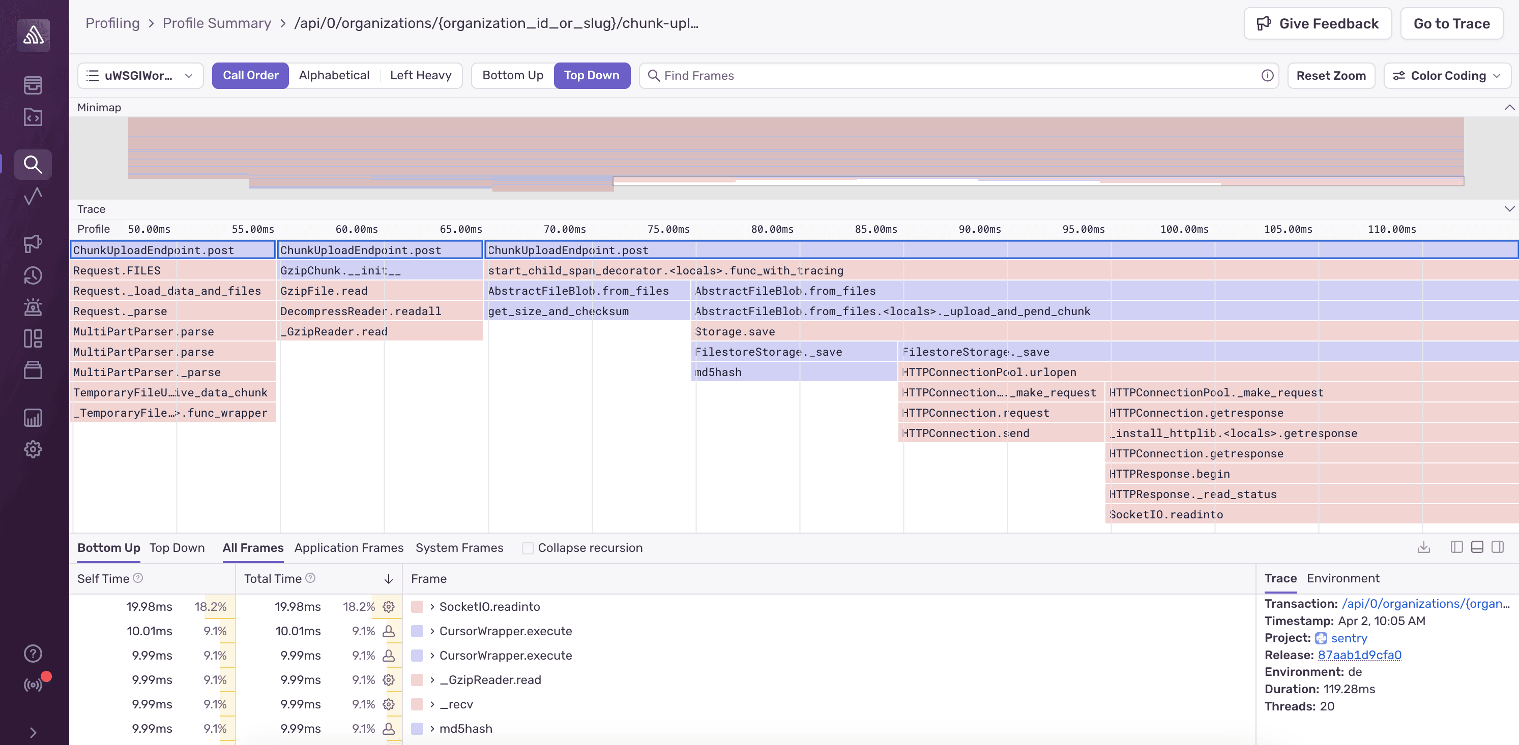 Profiling details page with a flame graph
